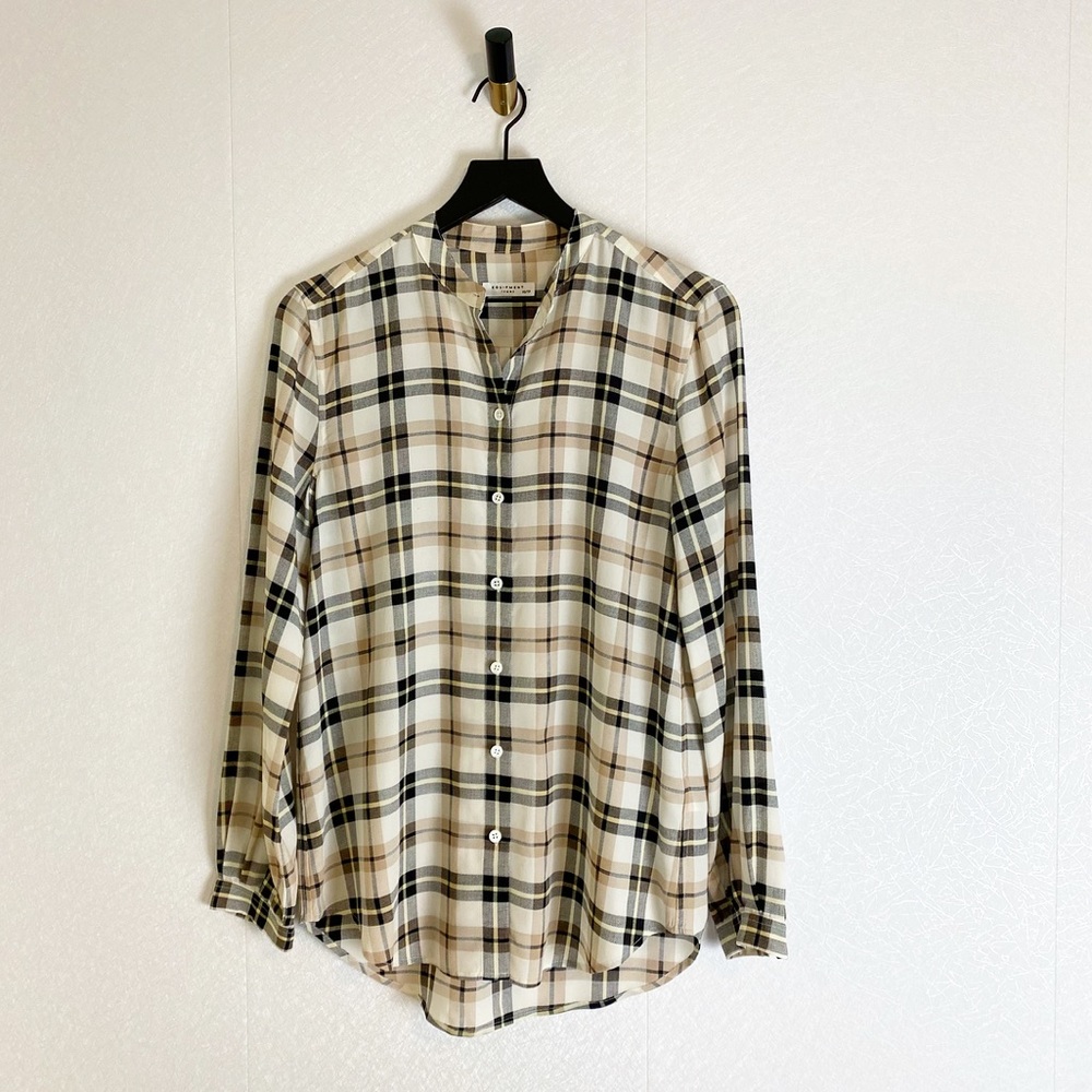 Equipment Quinne Shirt Long Sleeve Silk Button Up Plaid Tan Black White